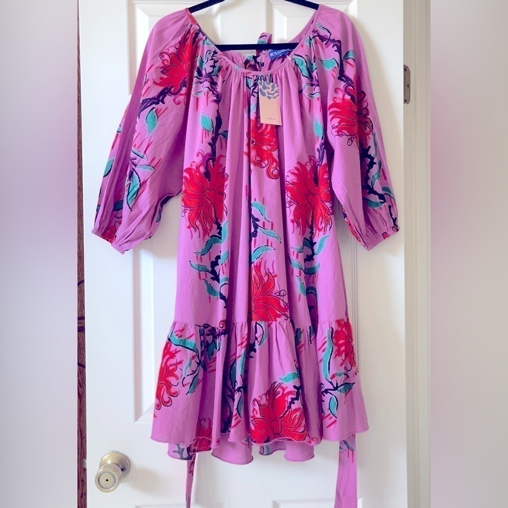 Ro’s Garden Vera Pink Floral Puff Sleeve Mini Dress Tie Waist Ruffle Hem Size M - Picture 4 of 16